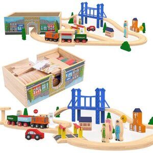 52 Pcs Deluxe Wooden Train Set with Wooden Storage Box Tunnel